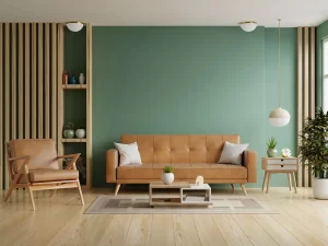 Βάψιμο σαλονιού με πράσινο τοίχο και μοντέρνα διακόσμηση 2026