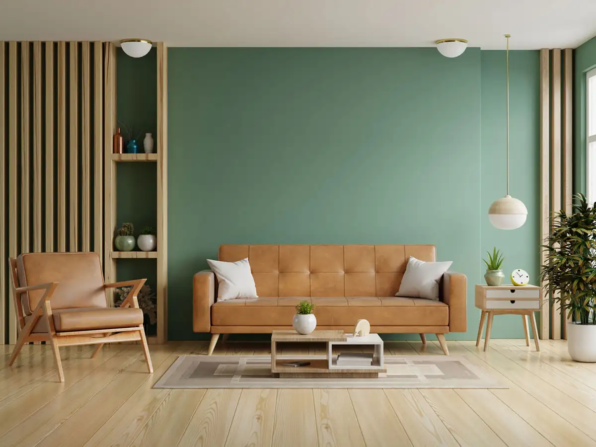 Βάψιμο σαλονιού με πράσινο τοίχο και μοντέρνα διακόσμηση 2026